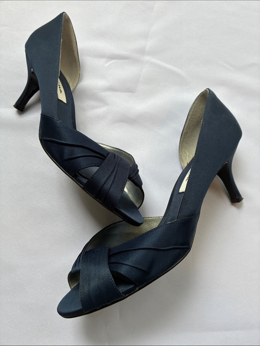 Nina Navy Satin Peep-Toe D'Orsay Heels